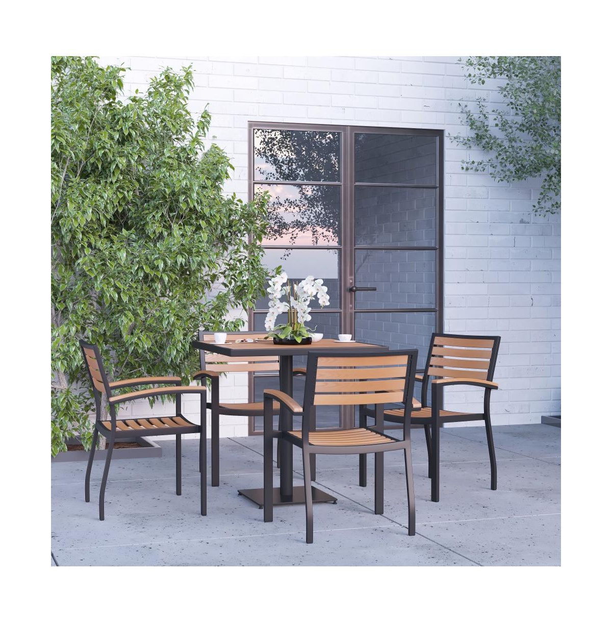 Alani Five Piece Faux Teak Patio Dining Set For Indoor And Outdoor Use - Square Table And Four Club Chairs With Arms