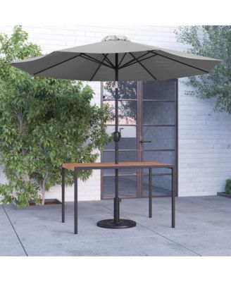 Outdoor Powder Coated Steel Dining Table With Faux Teak Poly Slat Top, 9' Patio Umbrella And Base