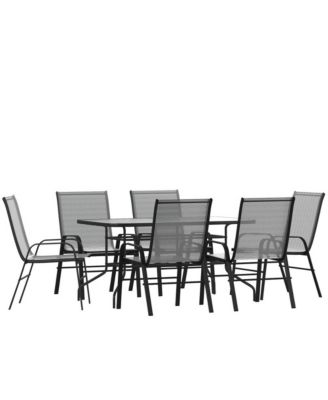 Seven Piece Patio Table Set With Metal Table With Tempered Glass Top And 6 Flex Comfort Stacking Chairs