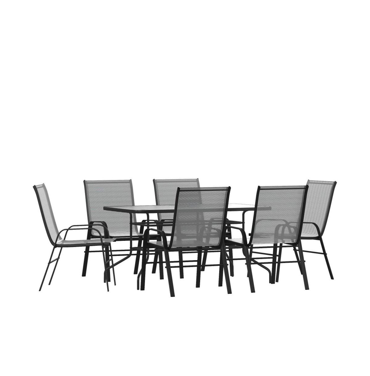 Seven Piece Patio Table Set With Metal Table With Tempered Glass Top And 6 Flex Comfort Stacking Chairs