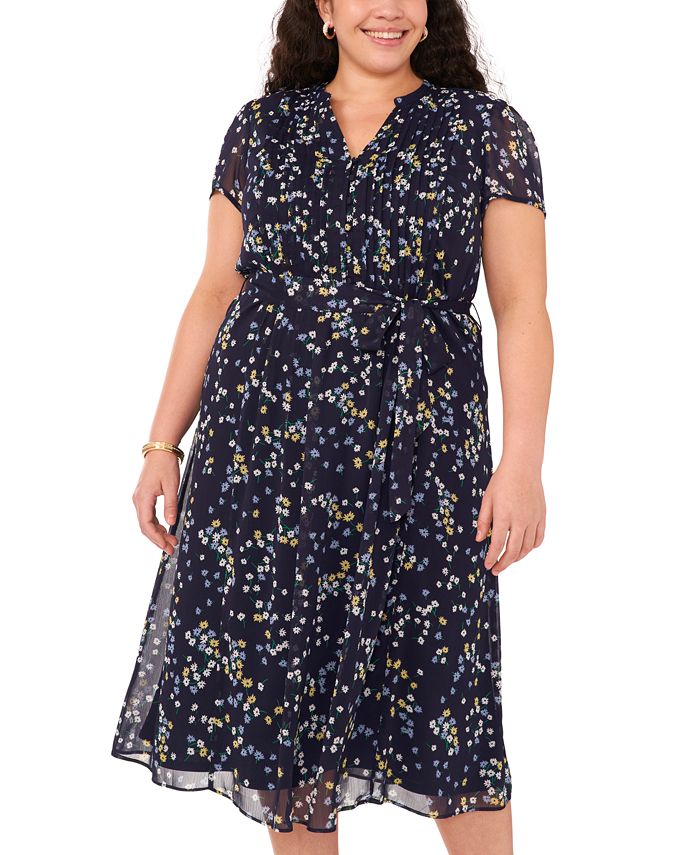 MSK Plus Size Printed Split-Neck Pintuck Midi Dress - Macy's