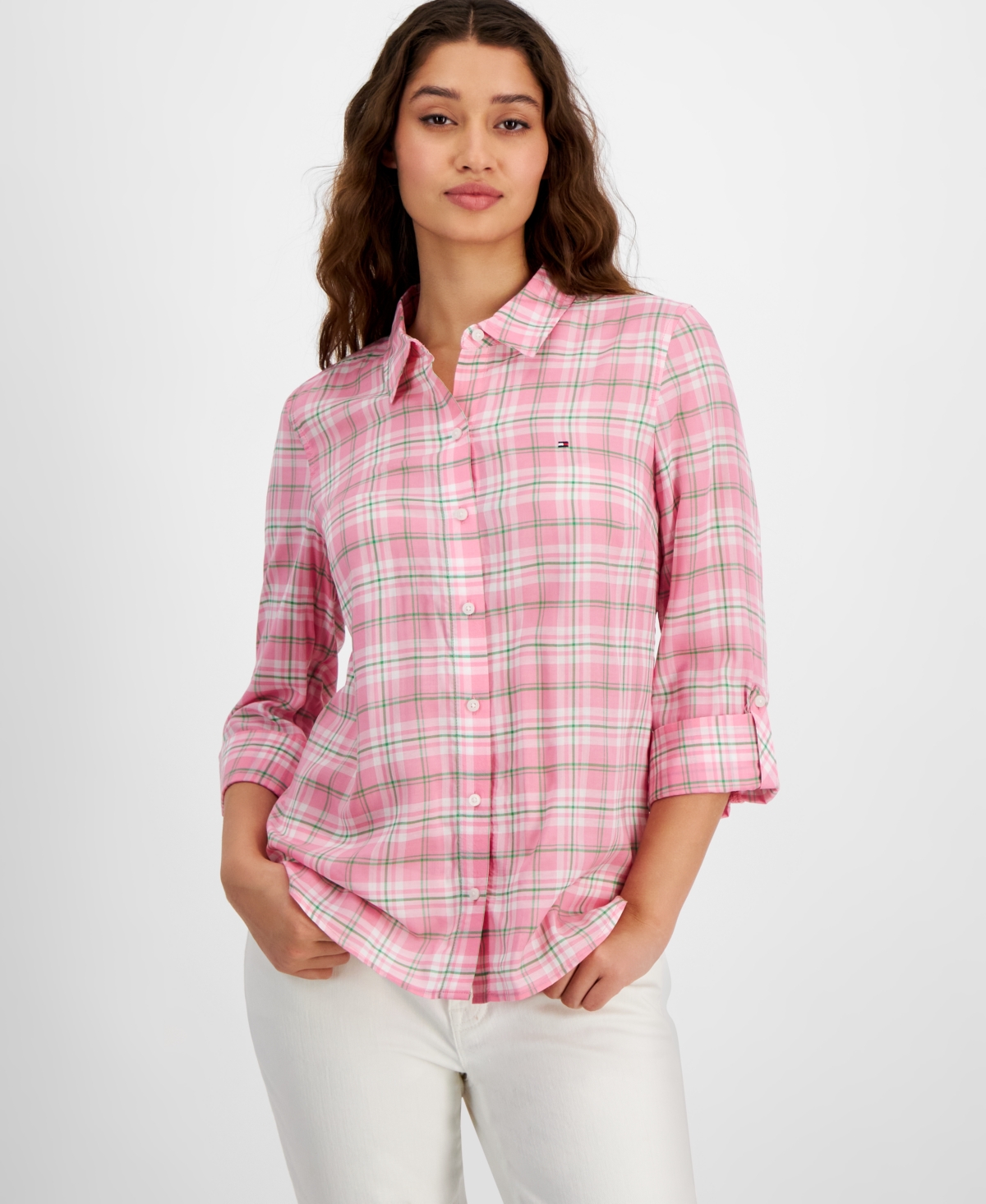 Tommy Hilfiger Women's Plaid Parker Roll-tab-sleeve Button-down Top In Peony Multi
