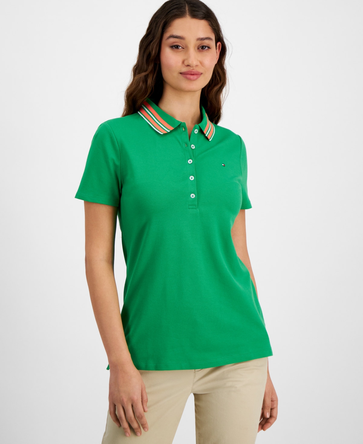 Tommy Hilfiger Women's Stripe-collar Shirt-sleeve Polo Shirt In Fern