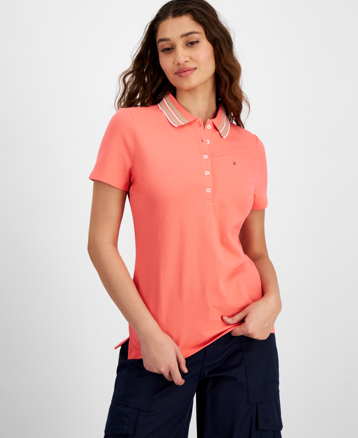 Tommy Hilfiger Women's Stripe-collar Shirt-sleeve Polo Shirt In Sherbt