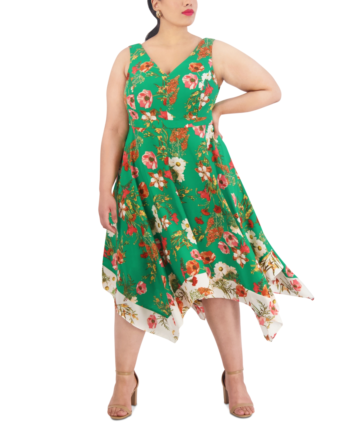 Shop Vince Camuto Plus Size Floral-print Sleeveless Midi Dress In Green Multi