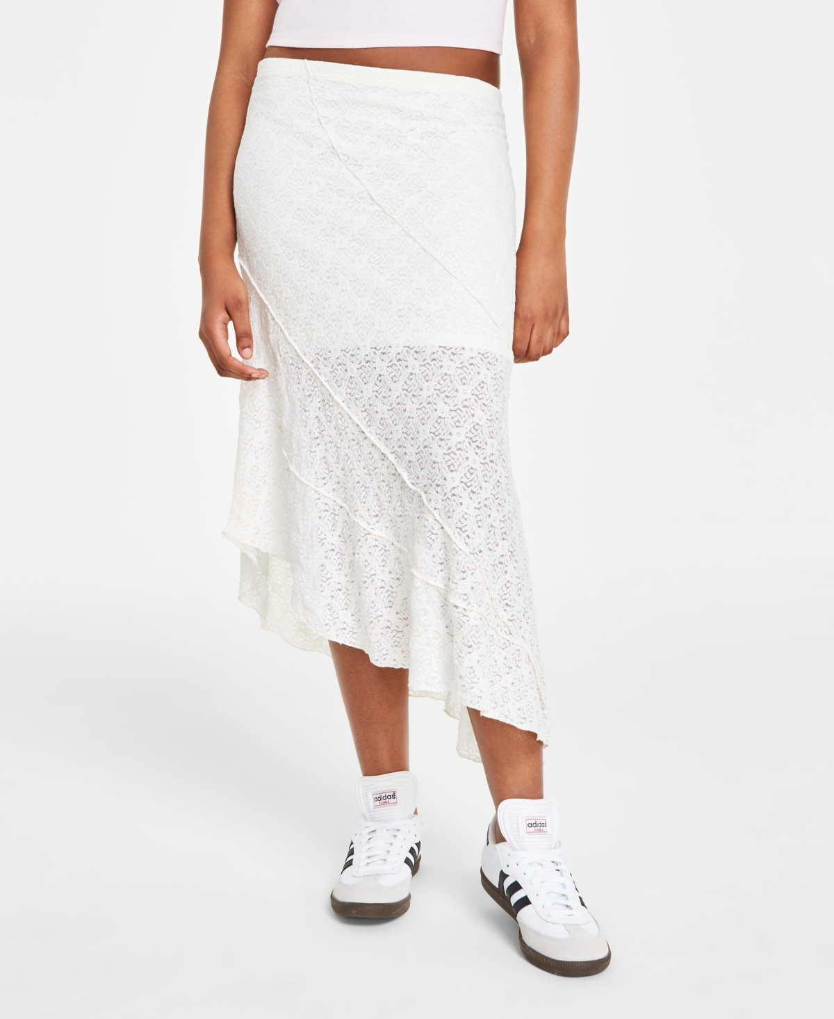 Shop Ultra Flirt Juniors' Lace Pull-on Asymmetric Midi Skirt In Gardenia