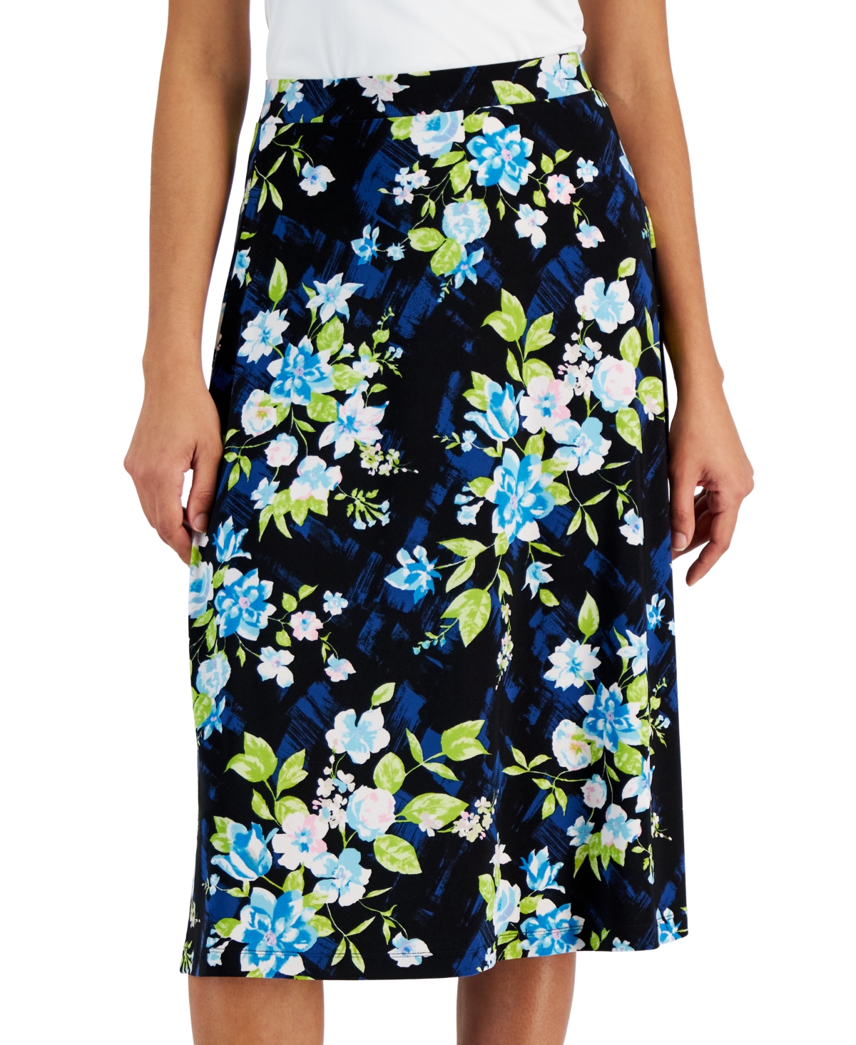 Shop Kasper Petite Floral Flared Pull-on Midi Skirt In Black,light Azure