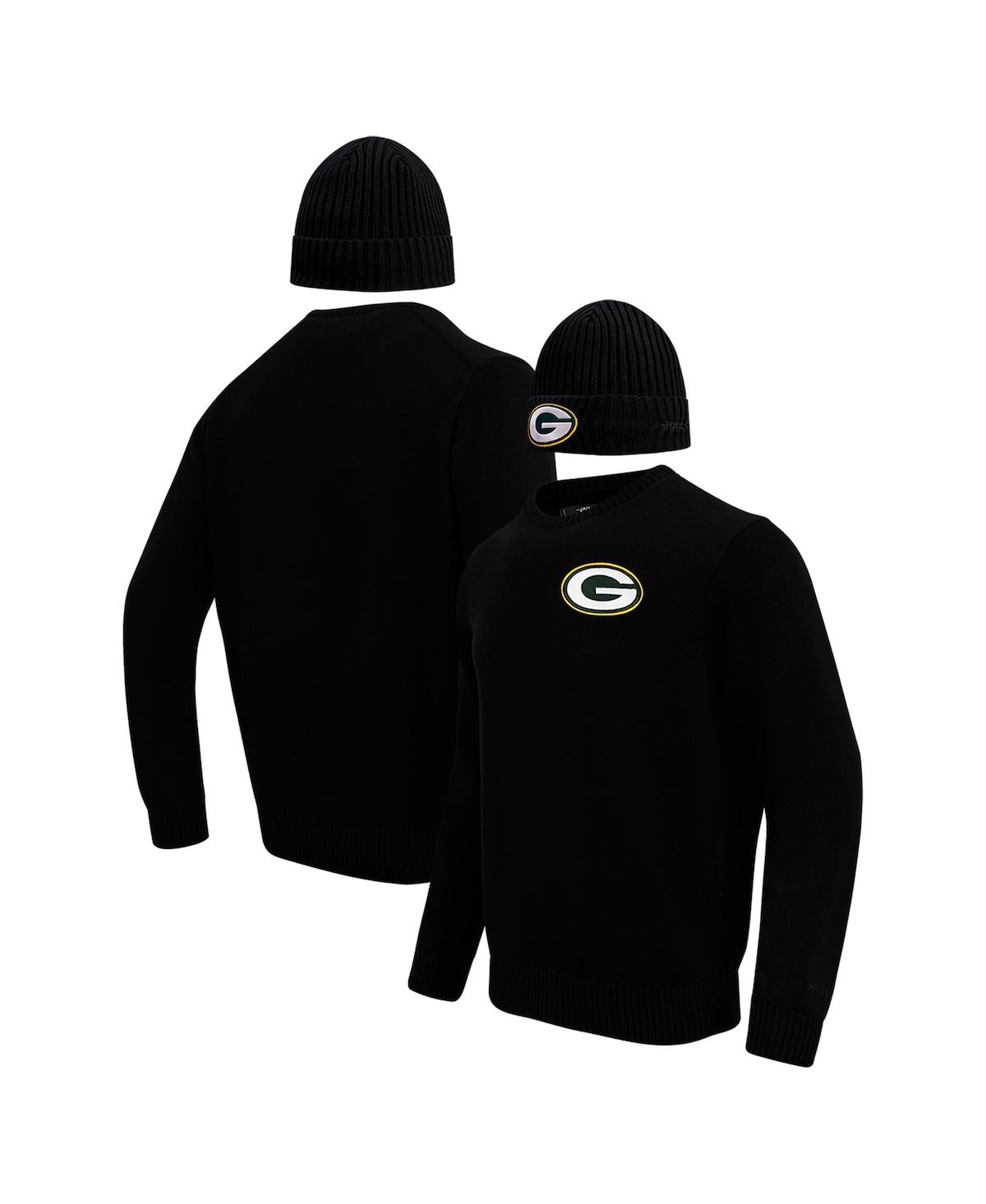 Shop Pro Standard Men's  Black Green Bay Packers Crewneck Pullover Sweater And Cuffed Knit Hat Box Gift Se