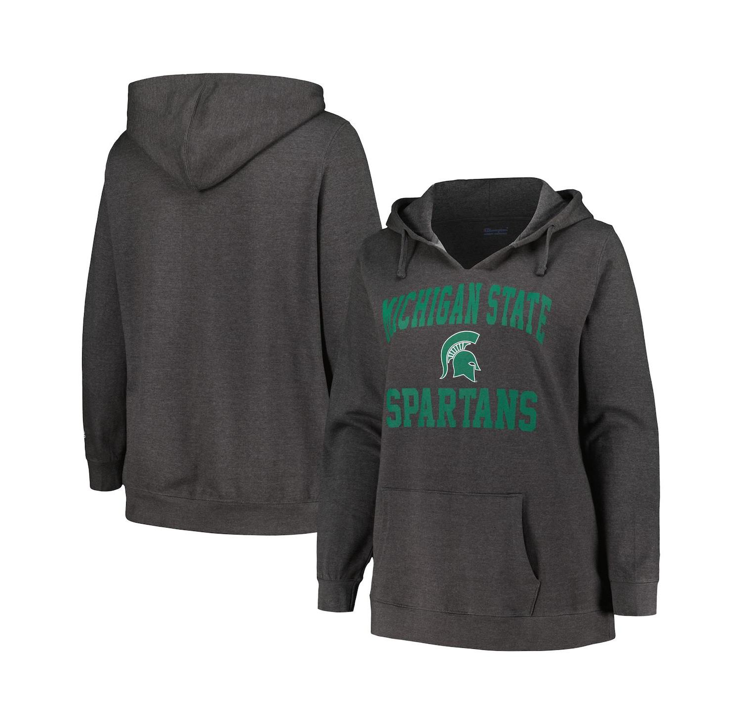 Women's Heather Charcoal Michigan State Spartans Plus Size Heart & Soul Notch Neck Pullover Hoodie