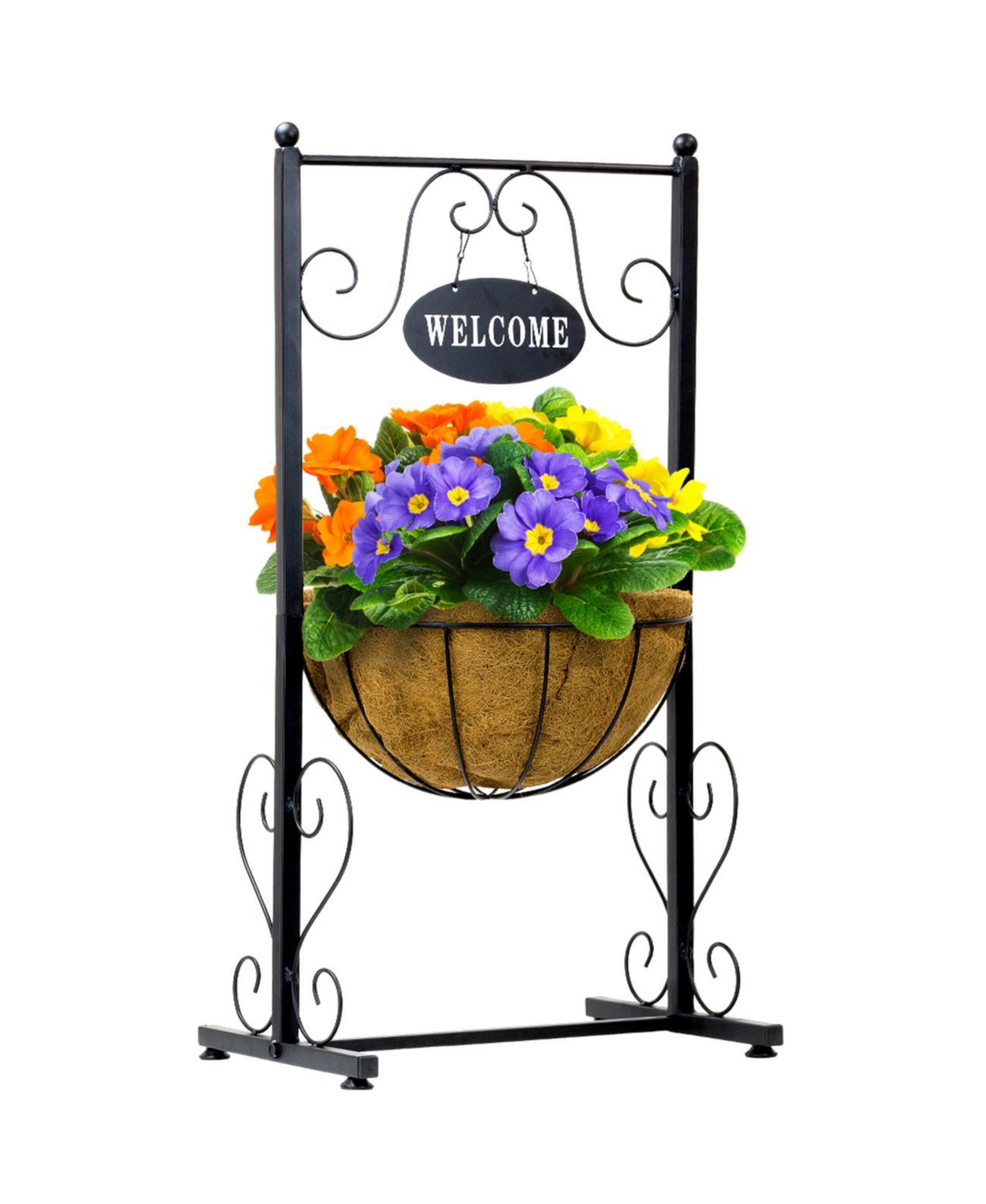Welcome Sign Metal Planter with Coco Liner - Brown