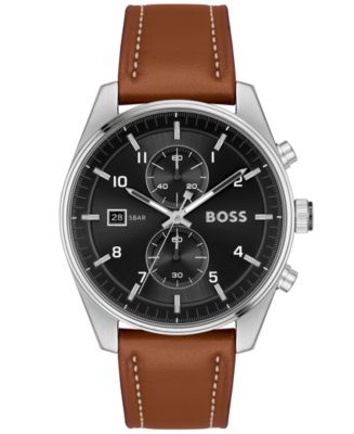 洋楽 The Bossplayas HUGO BOSS Men's Skytraveller Quartz Fashion Chrono Brown Leather