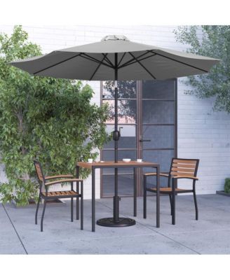 Hampstead Five Piece Faux Teak Patio Dining Set Includes Table, Two Club Chairs, 9' Patio Umbrella And Base