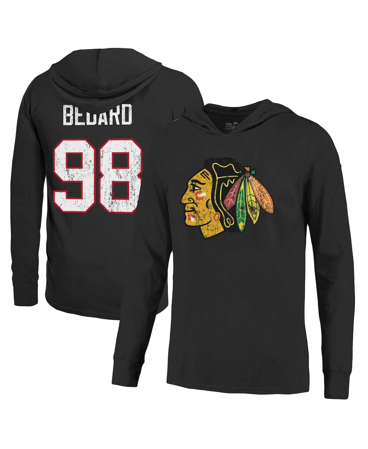 Men's Majestic Threads Connor Bedard Black Distressed Chicago Blackhawks Softhand Name and Number Pullover Hoodie - Black