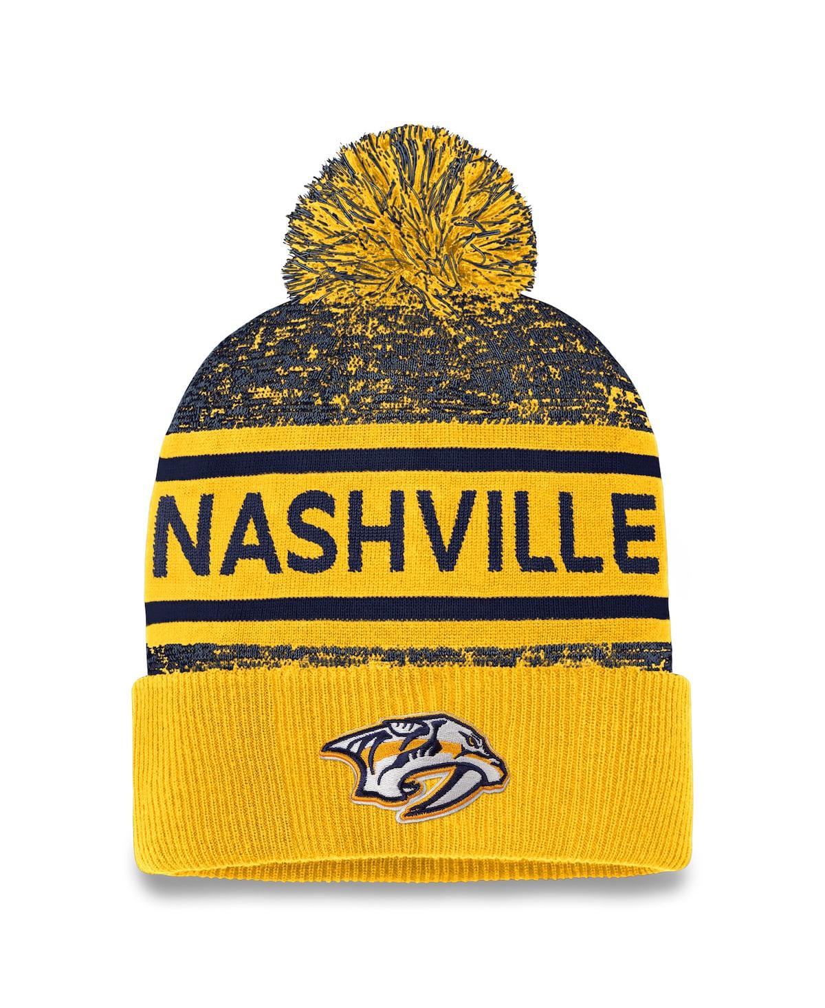 Shop Fanatics Men's  Gold, Navy Nashville Predators Authentic Pro Cuffed Knit Hat With Pom In Gold,navy