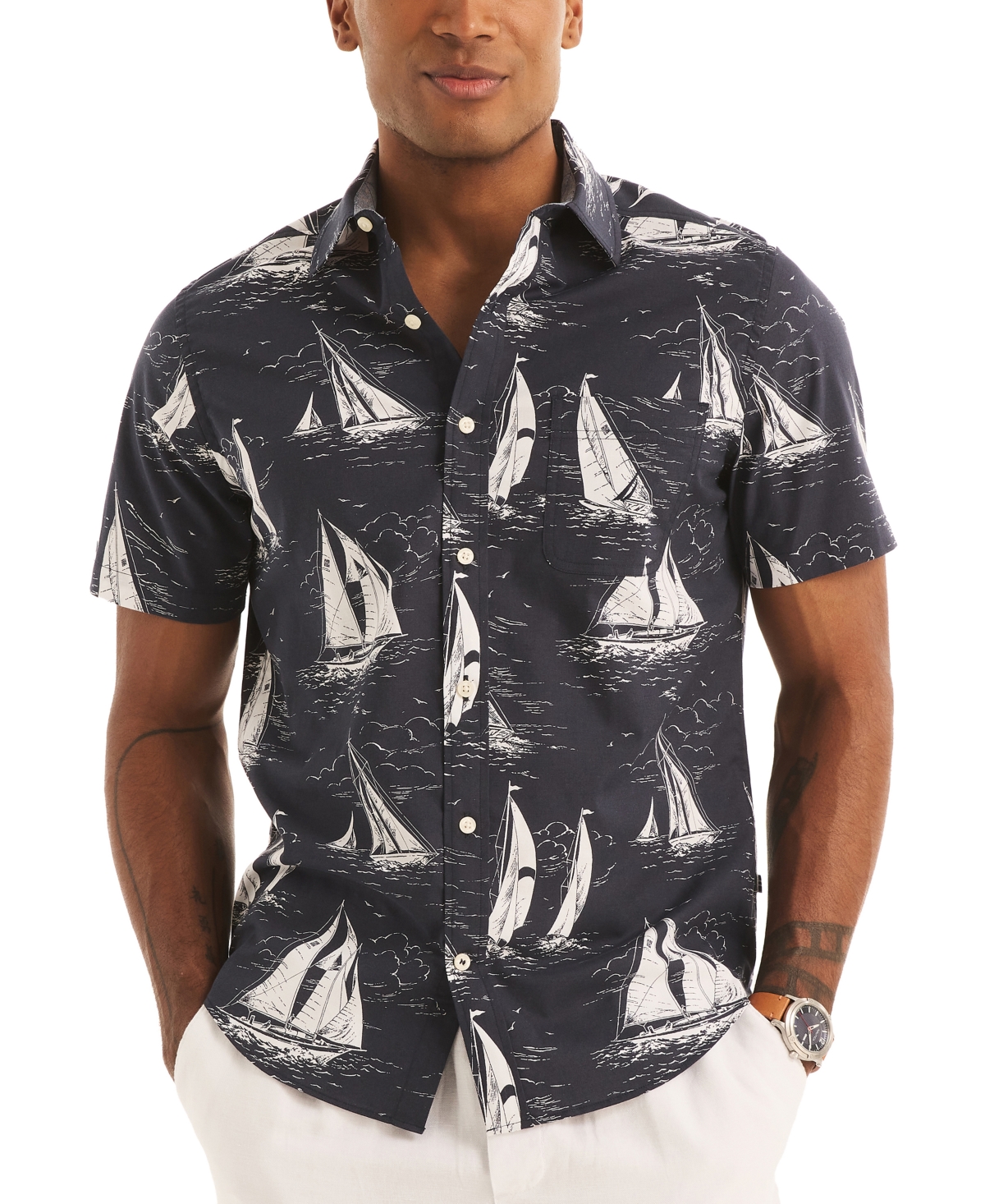 Men's Sailboat Print Short Sleeve Button-Front Shirt - Navy