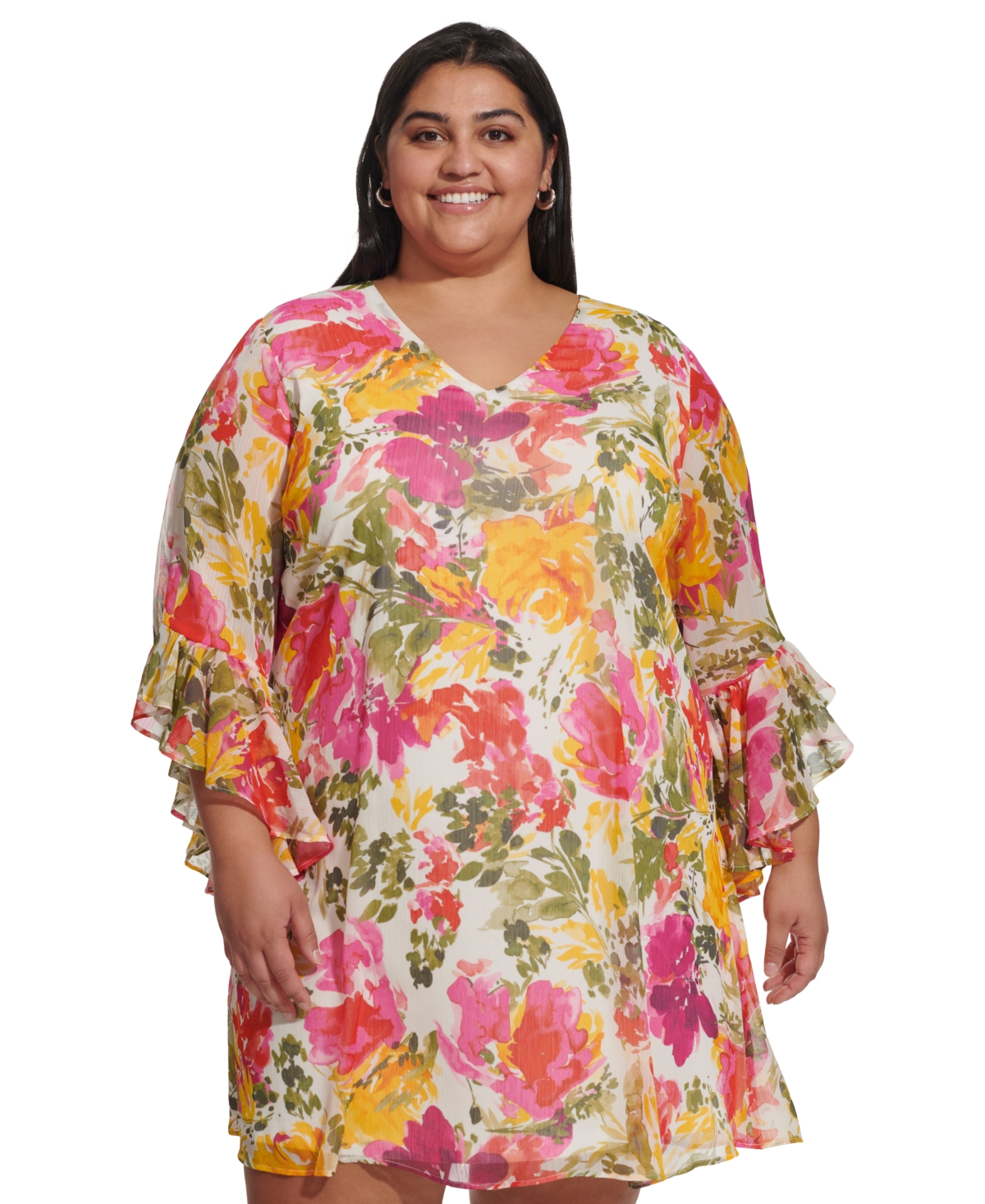 Shop Calvin Klein Plus Size Printed V-neck Bell-sleeve Shift Dress In Berry Multi