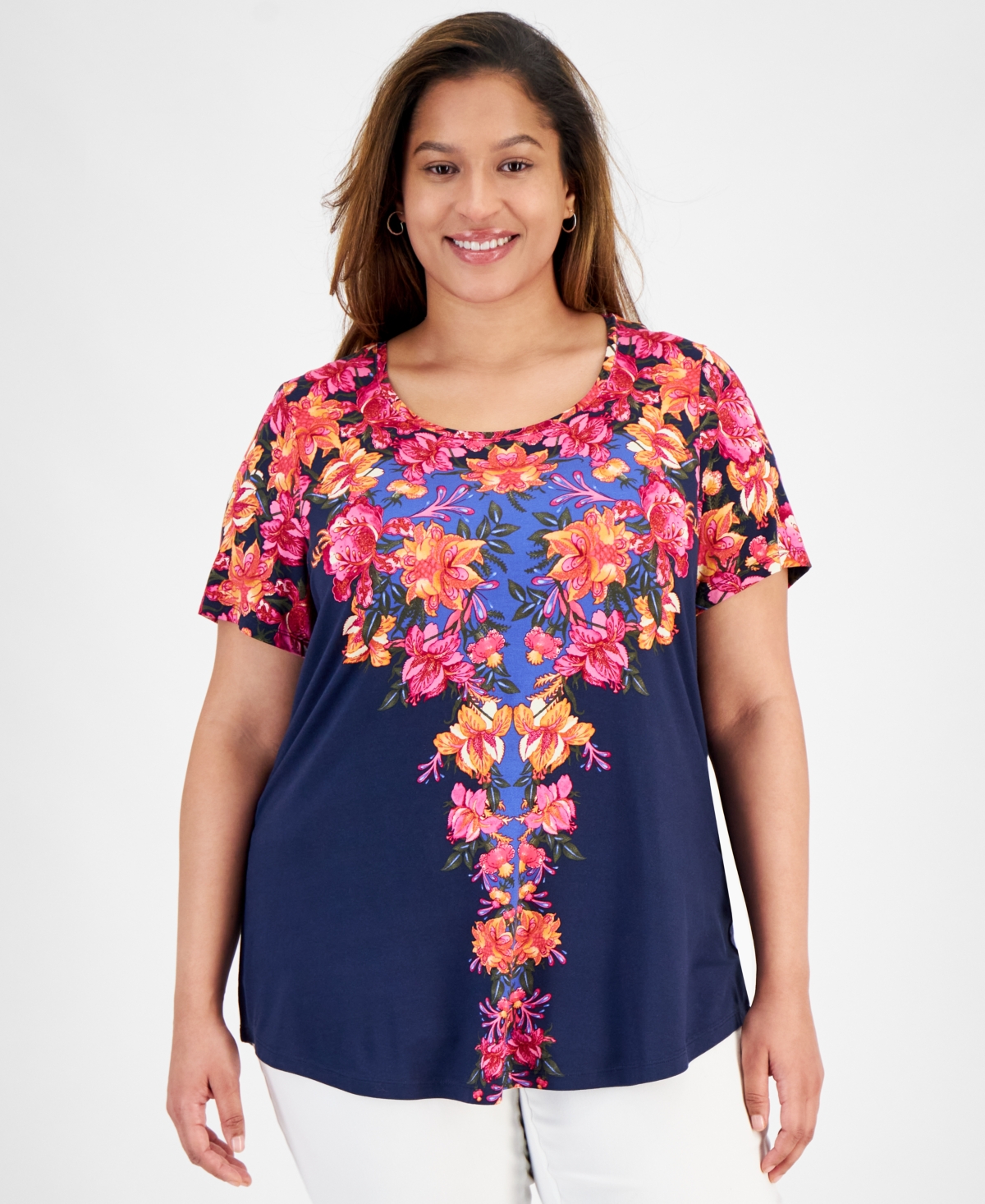 Shop Jm Collection Plus Size Arianna Trail Scoop-neck Top, Created For Macy's In Intrepid Blue Combo