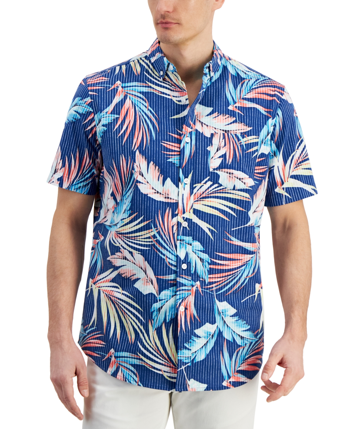 Men's Summer Tropical Leaf Patterned Short-Sleeve Seersucker Shirt, Created for Macy's - Navy Crush