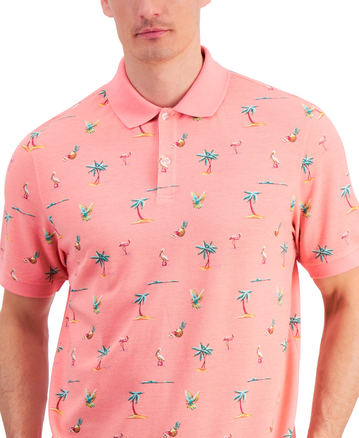 Shop Club Room Men's Textured Short Sleeve Florida Life Print Performance Polo Shirt, Created For Macy's In Coral Cream
