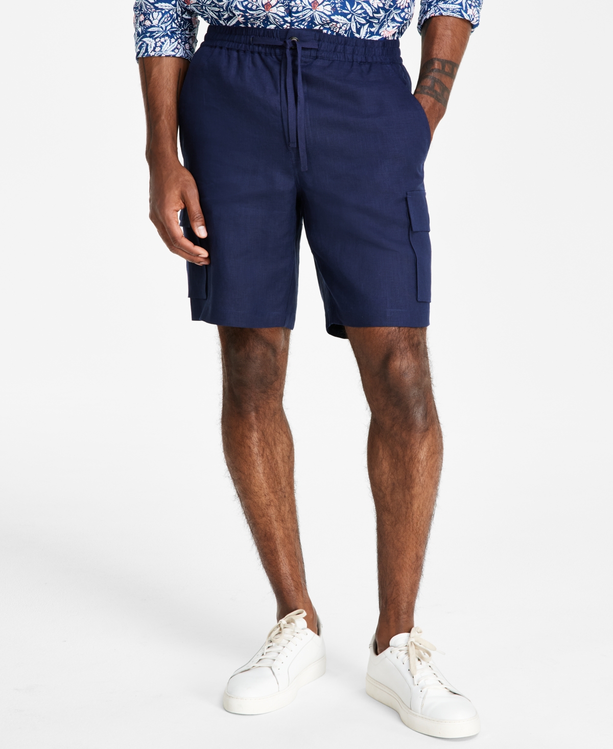 Men's Regular-Fit Linen Cargo Shorts, Created for Macy's - Navy Blue