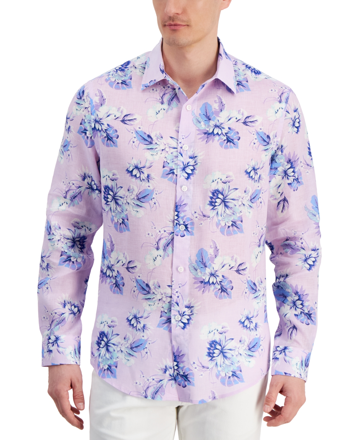 Men's Noche Floral-Print Long-Sleeve Linen Shirt, Created for Macy's - Lavender Bouq