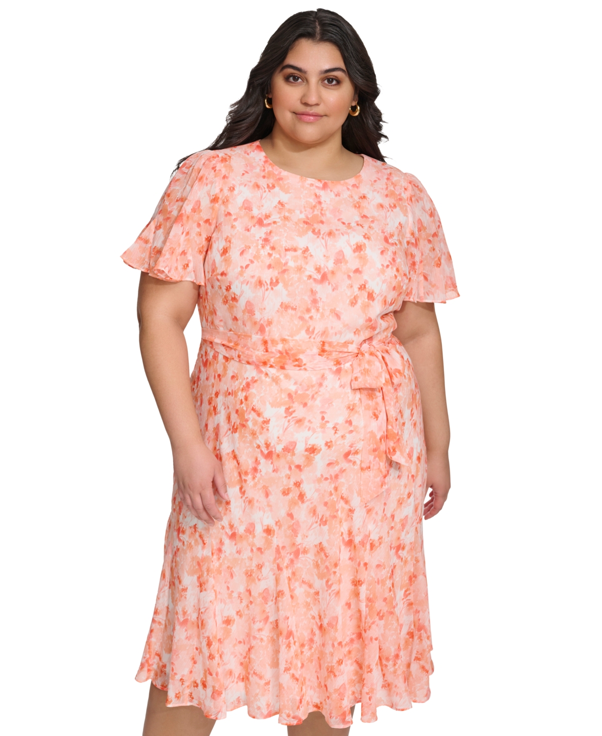 Shop Dkny Plus Size Jewel-neck Short-sleeve Chiffon Dress In Orange Multi