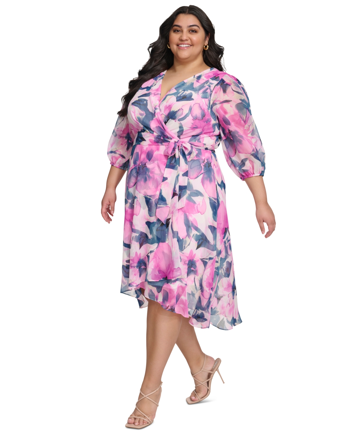 Shop Dkny Plus Size Printed Blouson-sleeve Faux-wrap Dress In Power Pink Multi