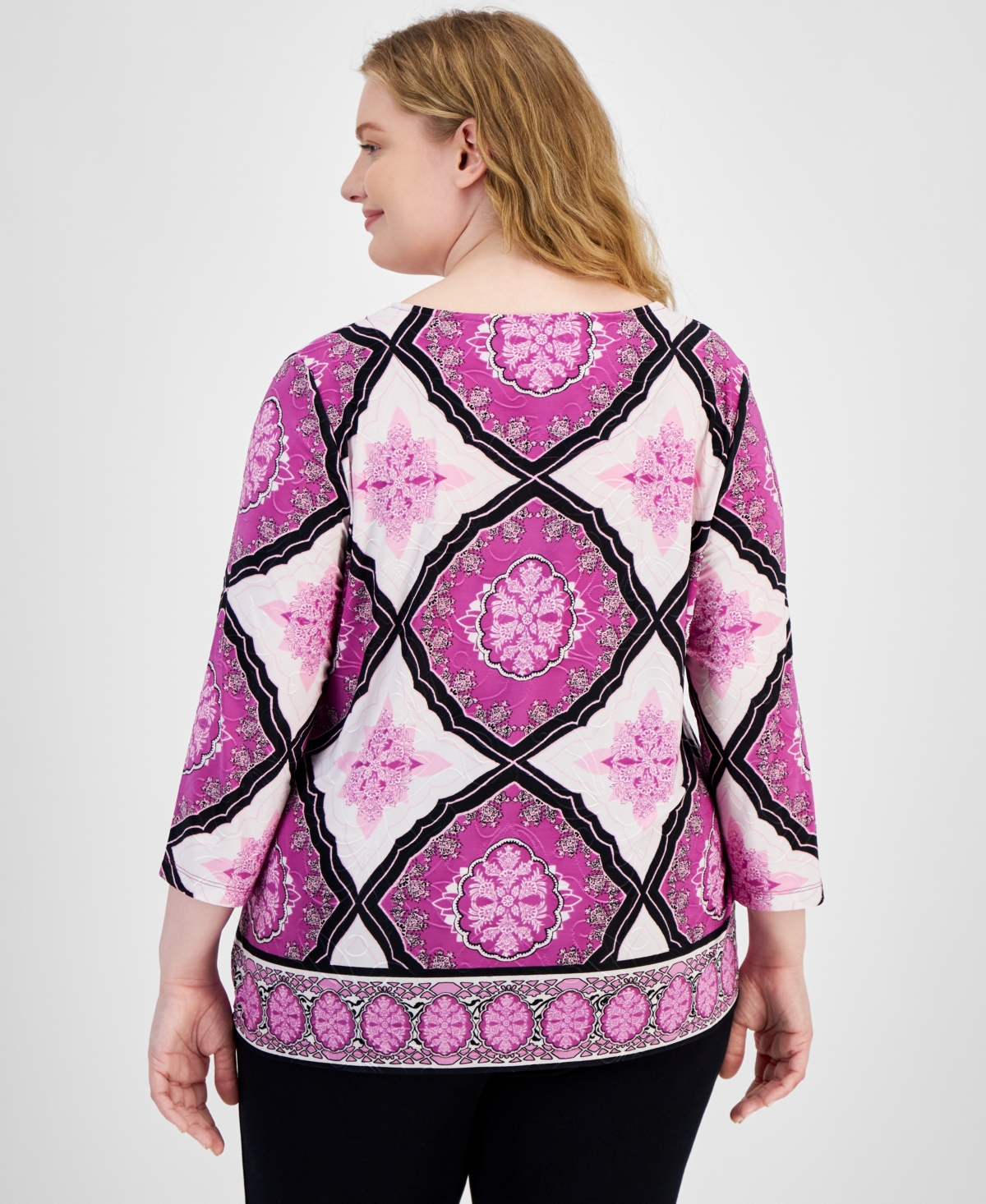 Jm Collection Plus Size Printed Jacquard 3/4-Sleeve Top, Created for Macy's