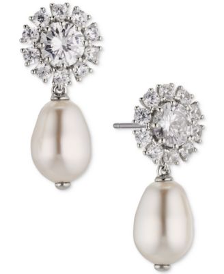 Eliot Danori - Rhodium-Plated Cubic Zirconia Flower & Imitation Pearl Drop Earrings