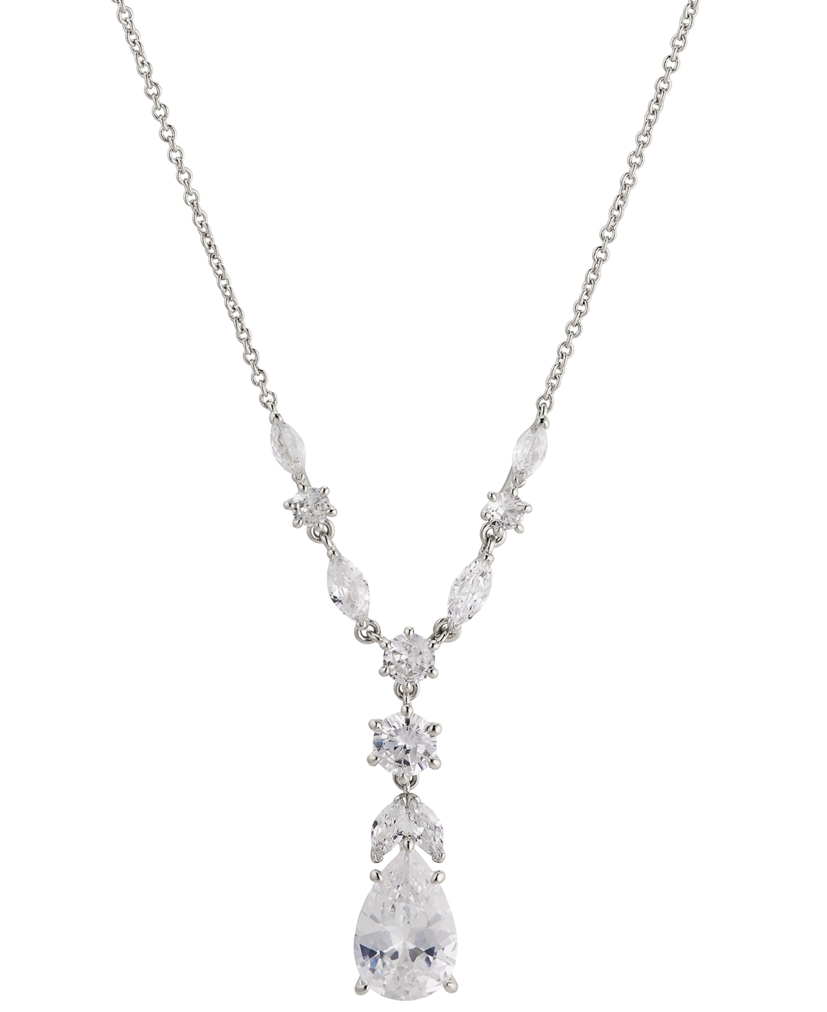 Rhodium-Plated Pear-Shape Cubic Zirconia Lariat Necklace, 16" + 2" extender, Created for Macy's - Rhodium