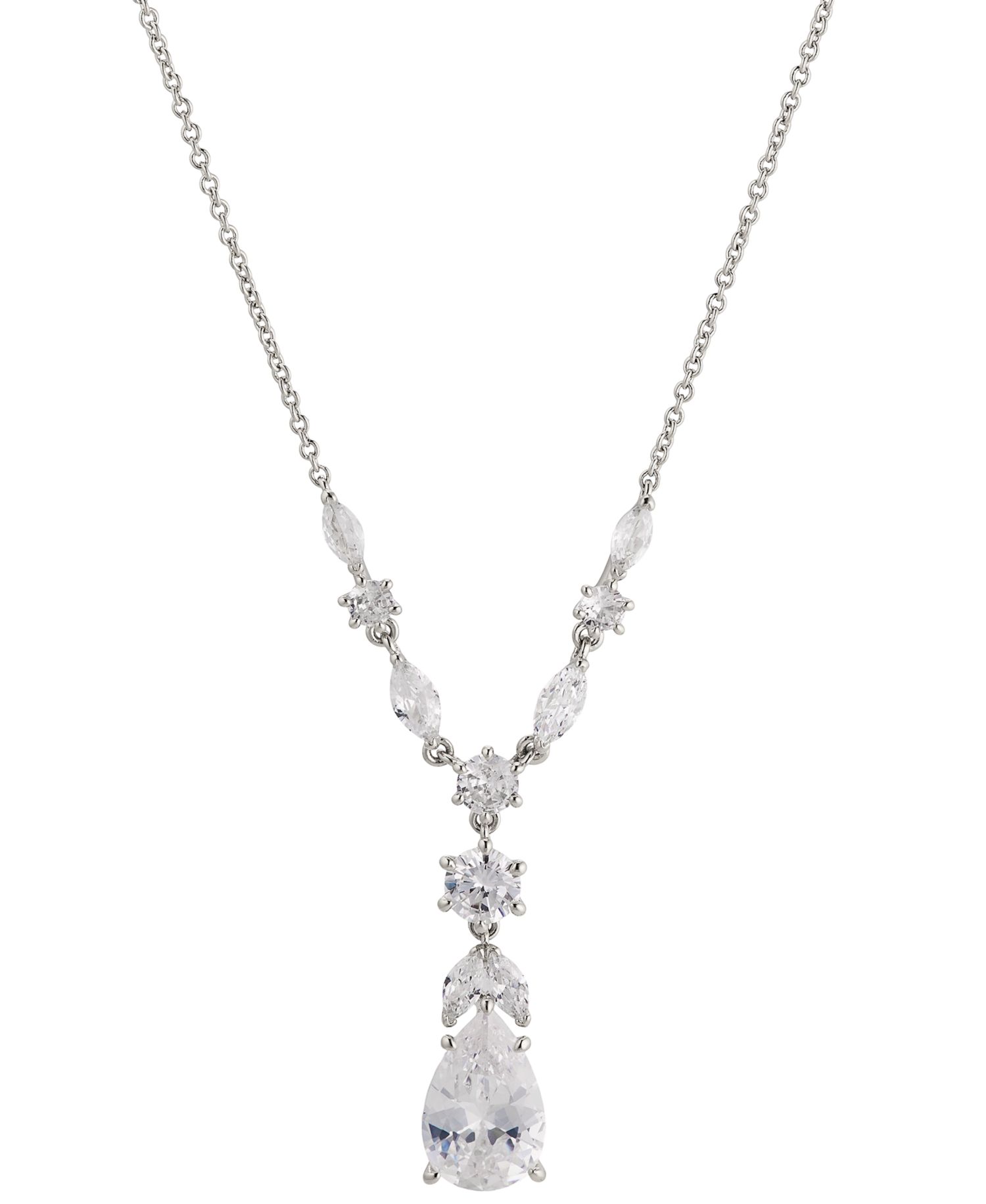 Rhodium-Plated Pear-Shape Cubic Zirconia Lariat Necklace, 16" + 2" extender