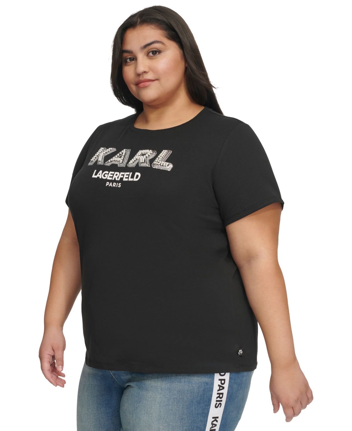 Karl Lagerfeld Paris Plus Size Imitation-Pearl-Logo Short-Sleeve Top, First@Macy's -Silver