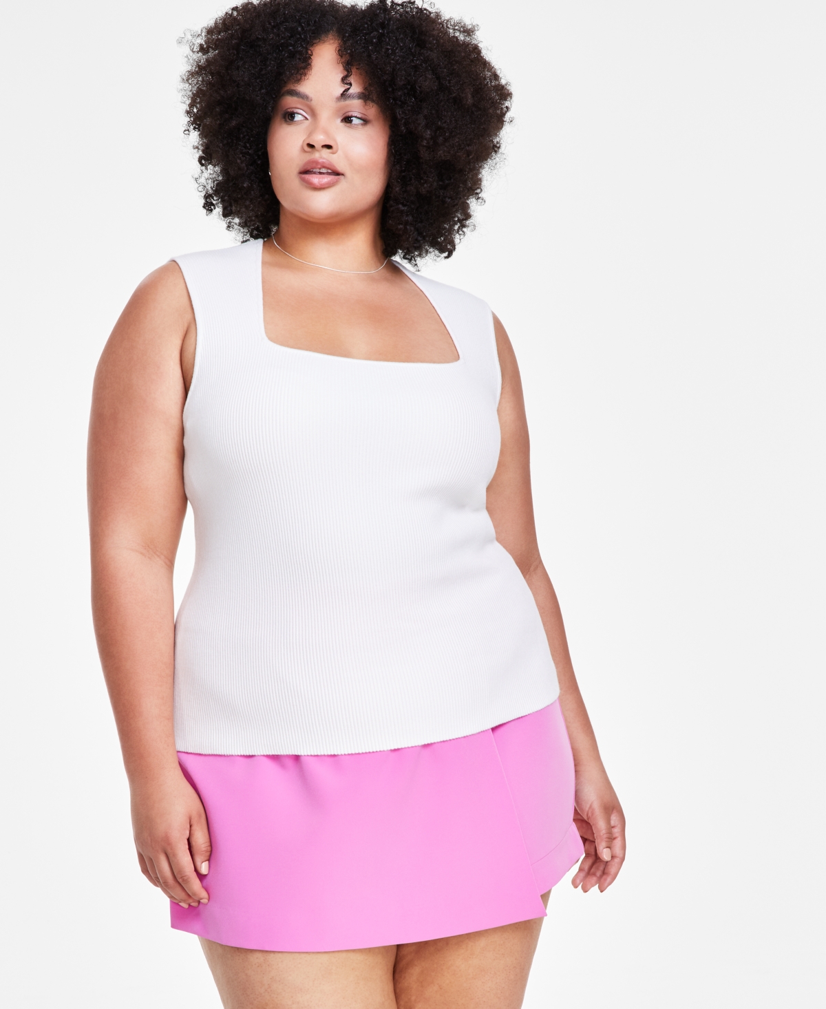 Bar Iii Trendy Plus Size Ottoman Square-neck Sleeveless Sweater Tank, Created For Macy's In Crema