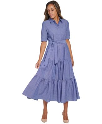 Calvin Klein - Women's Cotton Tiered Ruffle-Hem Shirtdress