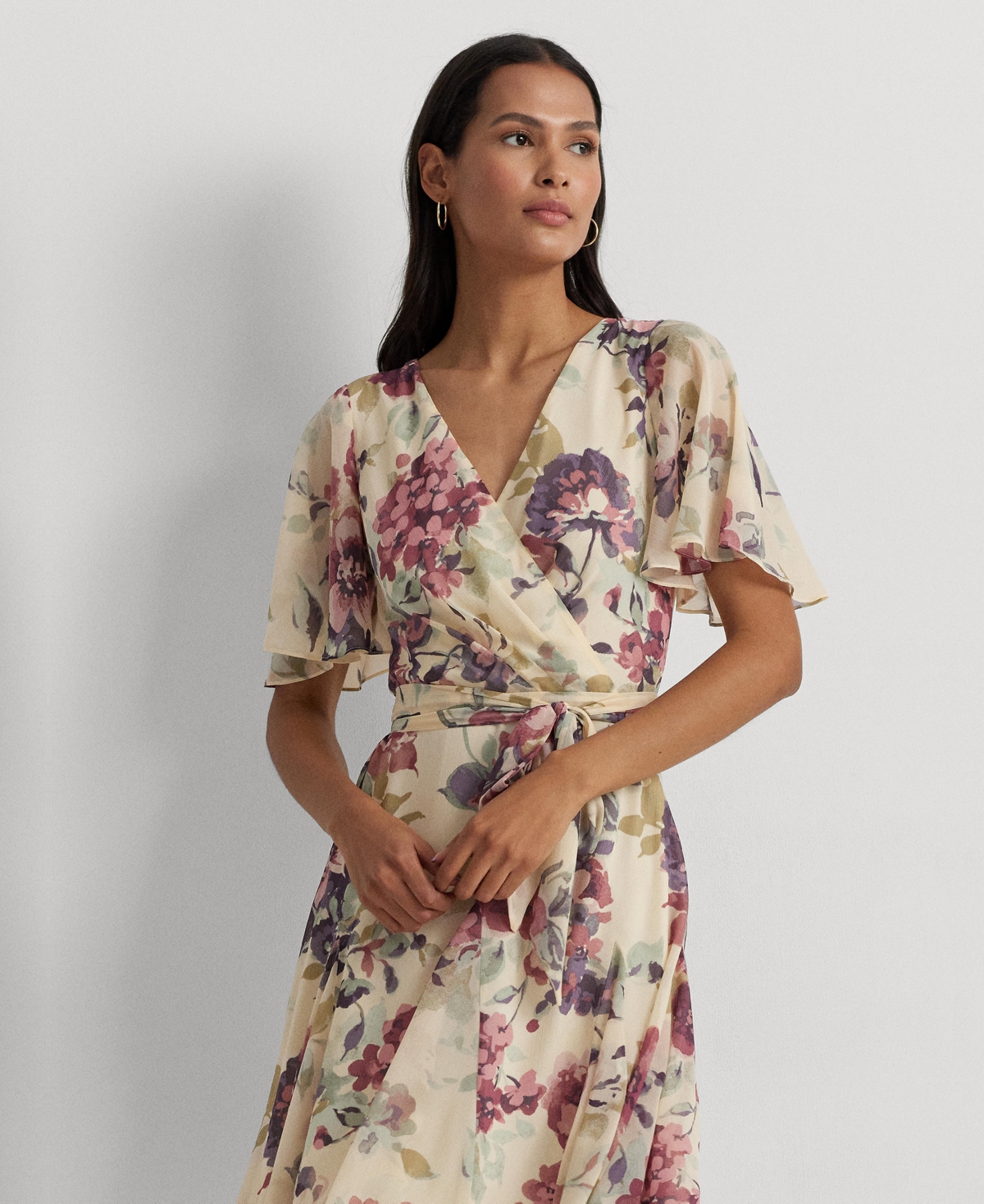 Shop Lauren Ralph Lauren Women's Floral Crinkle Georgette Surplice Dress In Cream Multi