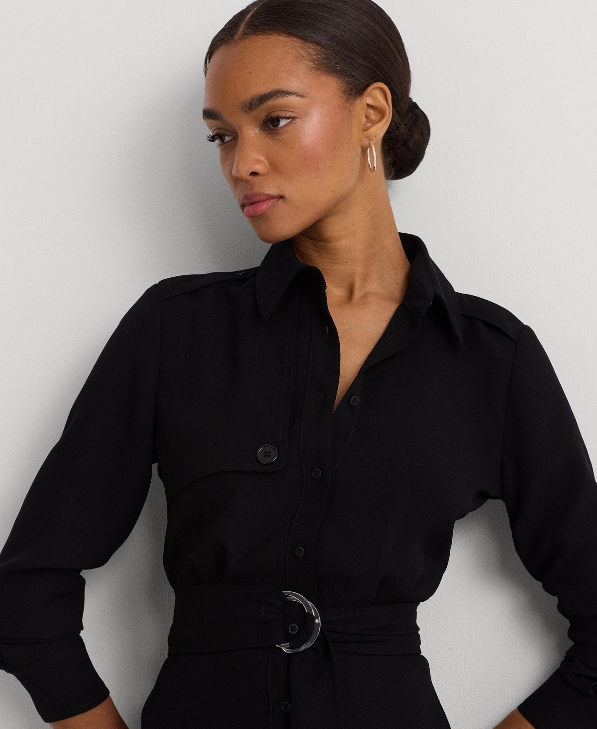 Shop Lauren Ralph Lauren Women's Belted Double-faced Georgette Shirtdress In Black