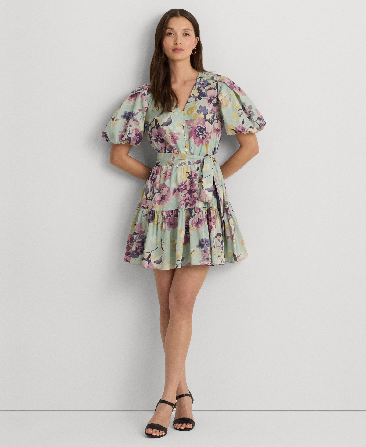 Shop Lauren Ralph Lauren Women's Floral Cotton Voile Puff-sleeve Dress In Soft Laurel Multi