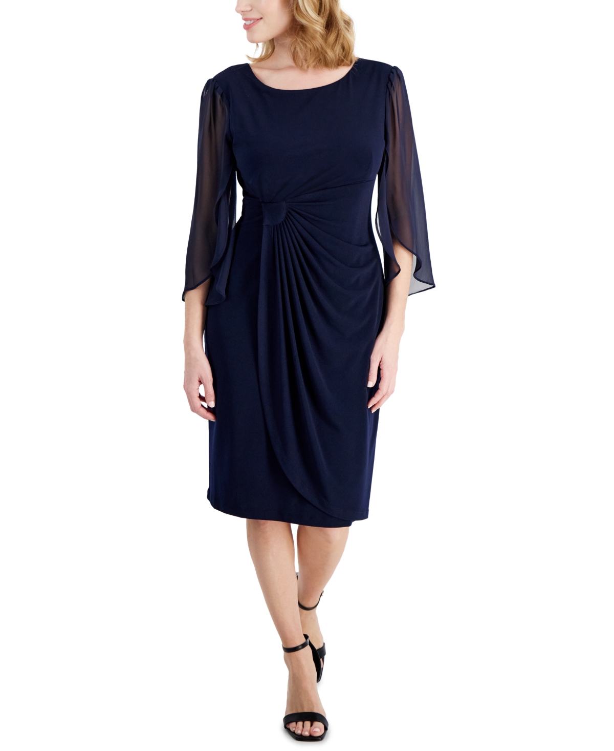 Shop Connected Petite Chiffon Cape-sleeve Sheath Dress In Navy