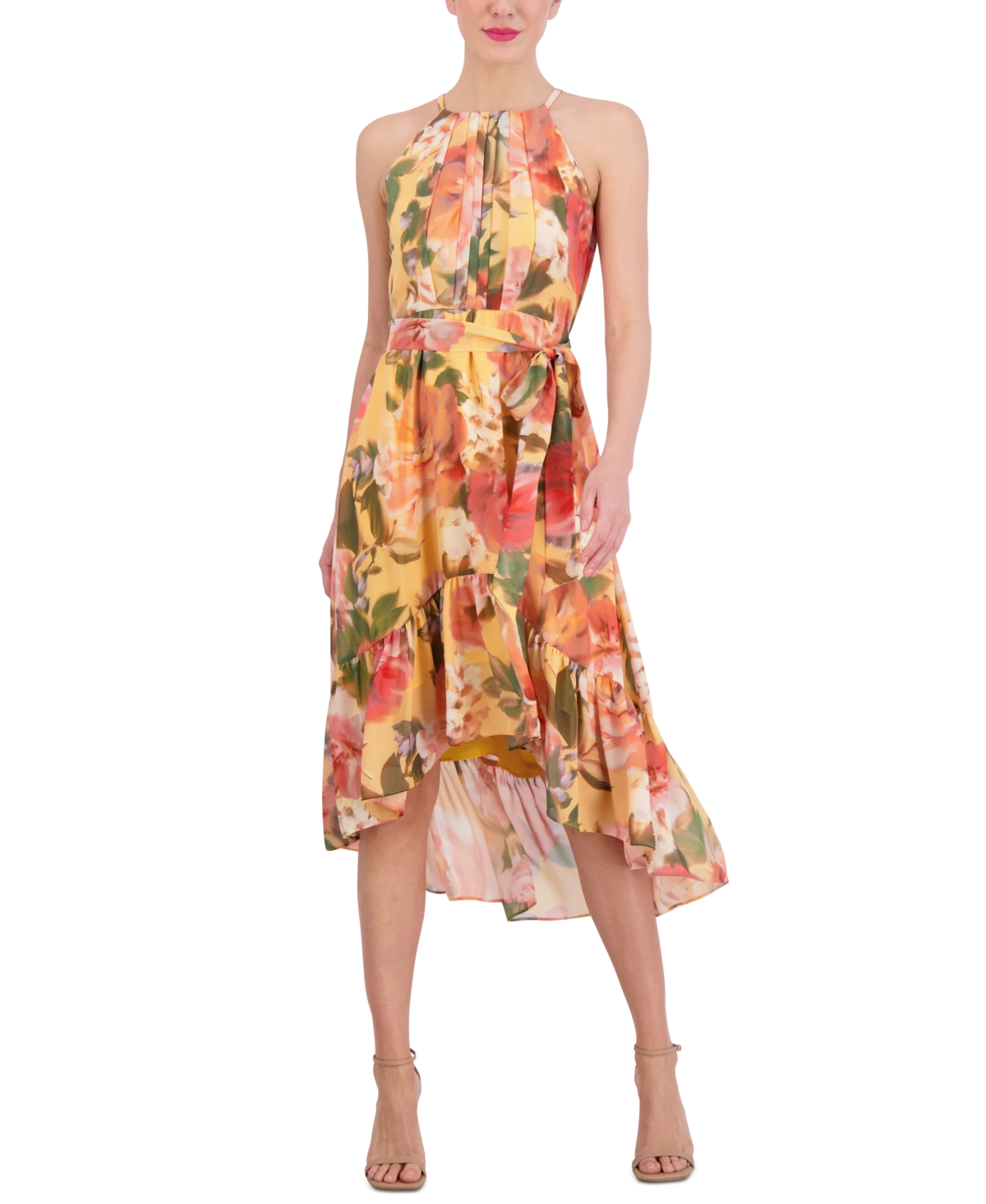 Vince Camuto Women's Floral-print Halter Midi Dress In Yellow