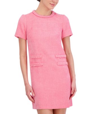 eliza j print jersey shift dress Eliza J Womens Size 6 Ivory Black Print Jersey Shift Dress Pink Hem Cuff