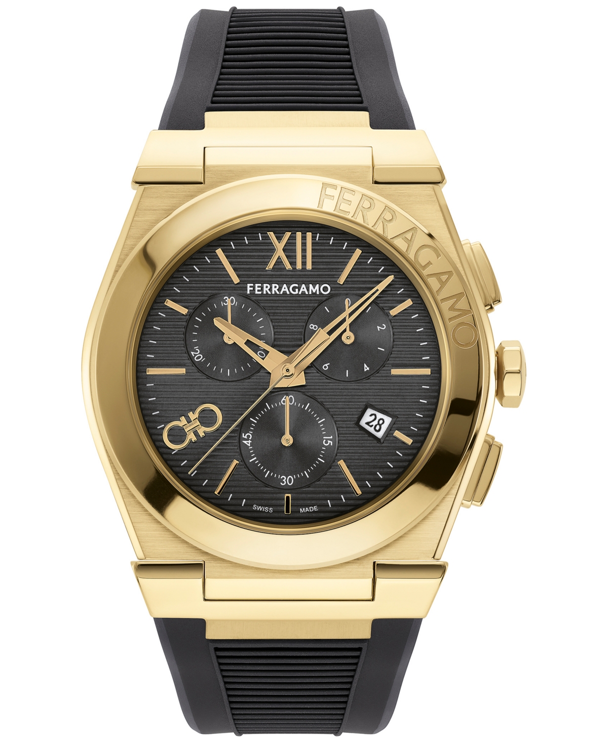 Shop Ferragamo Salvatore  Men's Swiss Chronograph Black Rubber Strap Watch 42mm In Gold