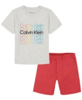 Calvin Klein Toddler Boys Repeat Logo V-neck T-shirt and Twill Shorts - Gray, Red