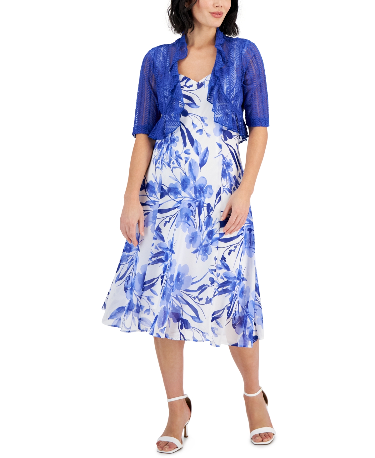 Connected Women's Lace Jacket & Printed Sweetheart-neck Dress In Cobalt