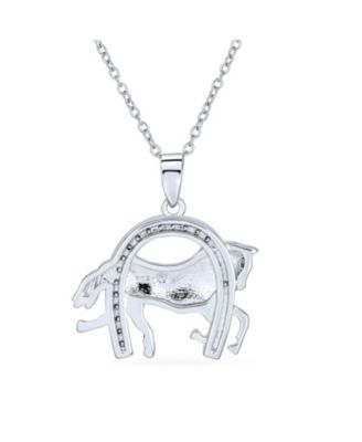 Pave CZ Cow Equestrian Thoroughbred Winner Horse Pendant Horseshoe Necklace Sterling Silver