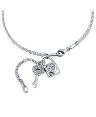 CZ Accent Heart Dangle Charm Lock Key Anklet Double Chain Ankle Bracelet Sterling Silver Adjustable 9 To 10 Inch With Extender