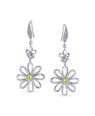 Spring Floral Yellow Cubic Zirconia Accent Open Flower Shape CZ Dangling Daisy Earrings Silver