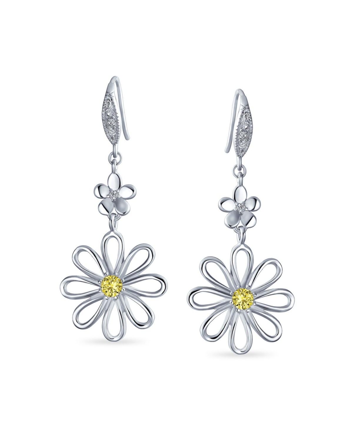 Bling Jewelry Floral Garden Cubic Zirconia Accent Open Flower Shape Cz Daisy Dangle Earrings French Wire Silver Plated
