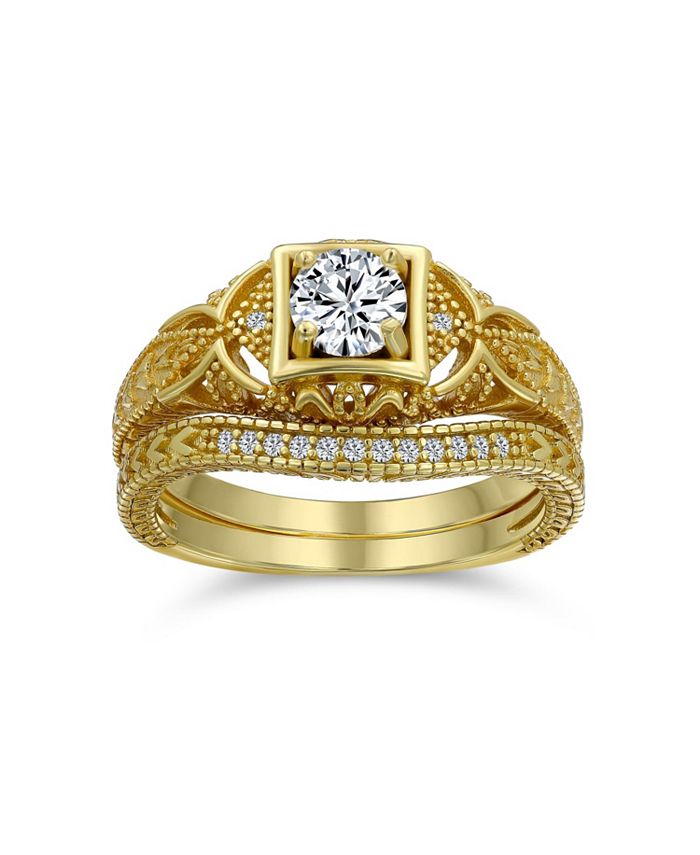 1CT Deco Style Solitaire Round AAA CZ Pave Contoured Band Engagement  Wedding Ring Set 14K Gold Plated Sterling Silver