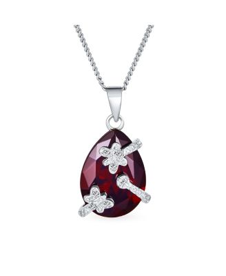Romantic Pave Butterfly CZ Accent Ruby Red Teardrop Pendant Necklace Sterling Silver Chain
