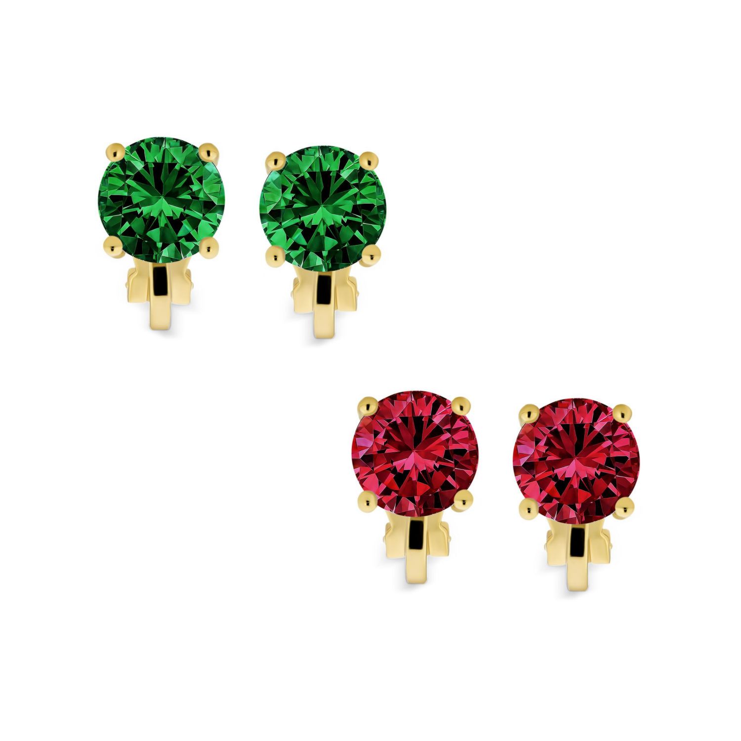 Classic Aqua Pink CZ Clip-On Stud Earrings Rose Gold Silver Plated 2 Set